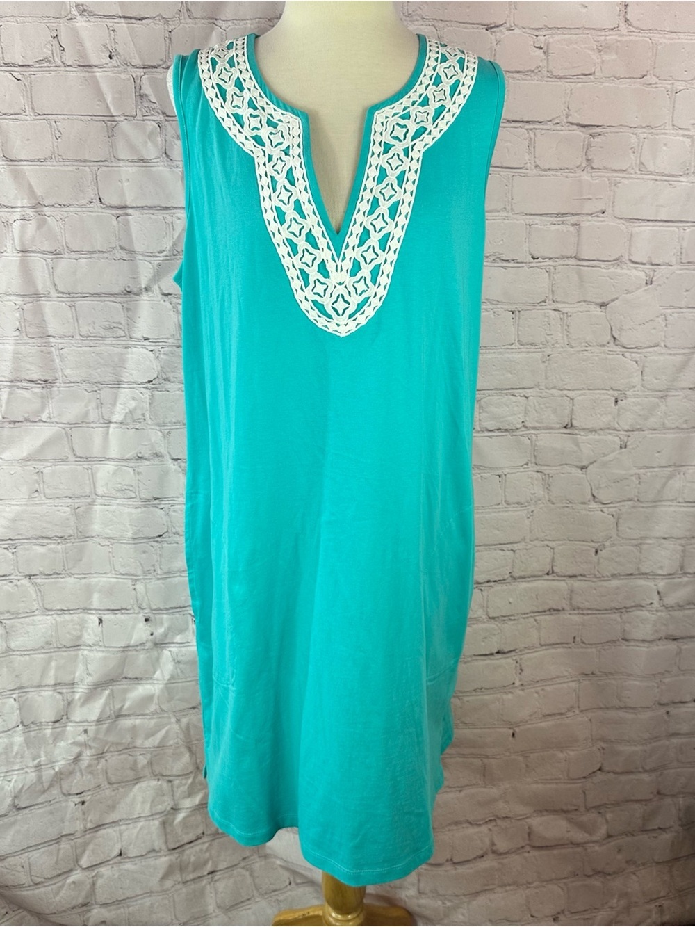 Lands' End Turquoise sleeveless cotton shift dress women L beach coastal boho